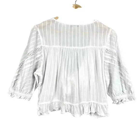 American Eagle V-Neck Gauzy Lace Tie-Front White Blouse Top BOHO L - Picture 4 of 14